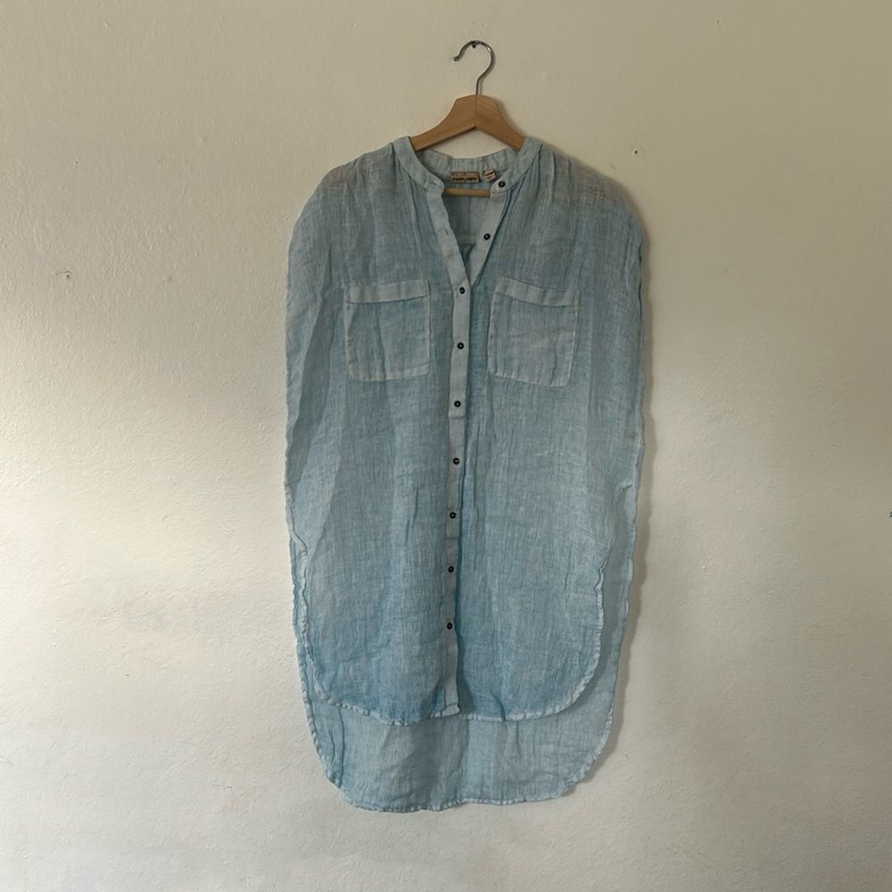 Anthropologie Holding Horses 100% Linen Hi-Lo Button Up in Blue Sz S